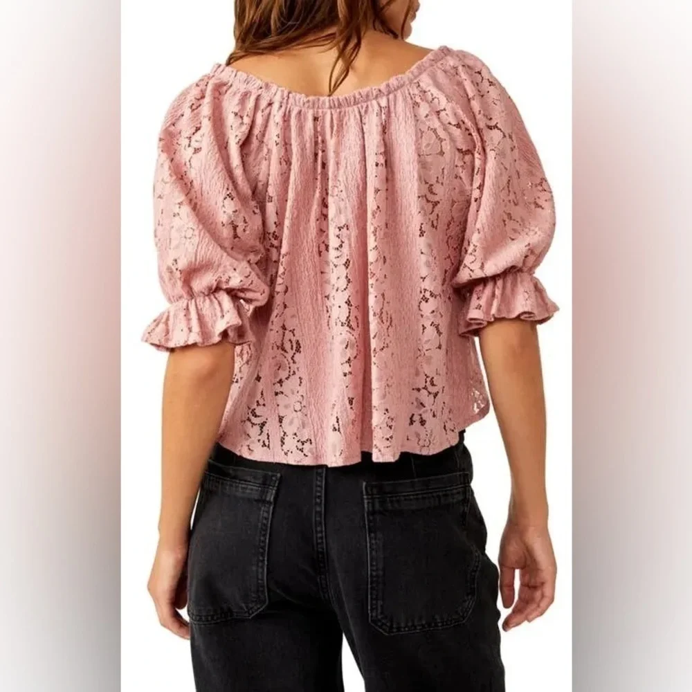 NEW Free People Stacey Lace Blush Tint Puff Sleeve Top Blouse Cropped Flowy